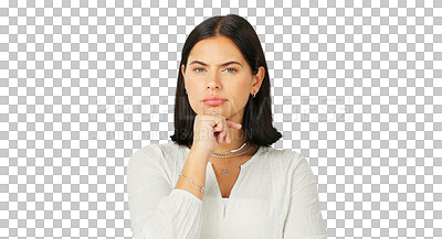 Buy stock photo Thinking, serious and portrait of a young woman isolated on a transparent, png background. Question, suspicious and a female person with hand on chin for plan with doubt, emoji or problem solving
