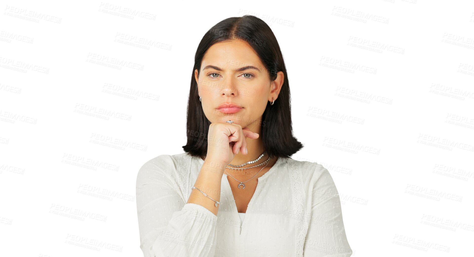 Buy stock photo Thinking, serious and portrait of a young woman isolated on a transparent, png background. Question, suspicious and a female person with hand on chin for plan with doubt, emoji or problem solving
