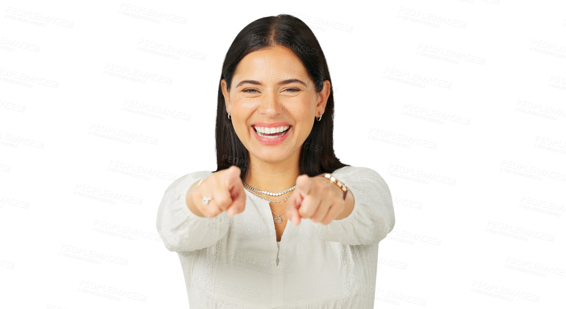 Buy stock photo Portrait, pointing and a woman excited for an opportunity isolated on a transparent background to vote for you. Smile, choice and selection with a happy young female person on PNG for decision