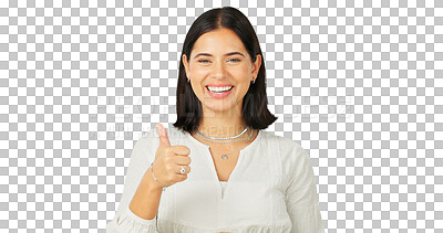 Buy stock photo Thumbs up, hand gesture and happy portrait of a woman for support or thank you. Young person show icon emoji for like, agreement and success feedback or review isolated on transparent, png background