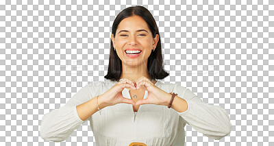 Buy stock photo Love, heart hands and happy portrait of a woman review or feedback for support. Face of a young person and show icon emoji for charity, kindness and peace isolated on a transparent, png background
