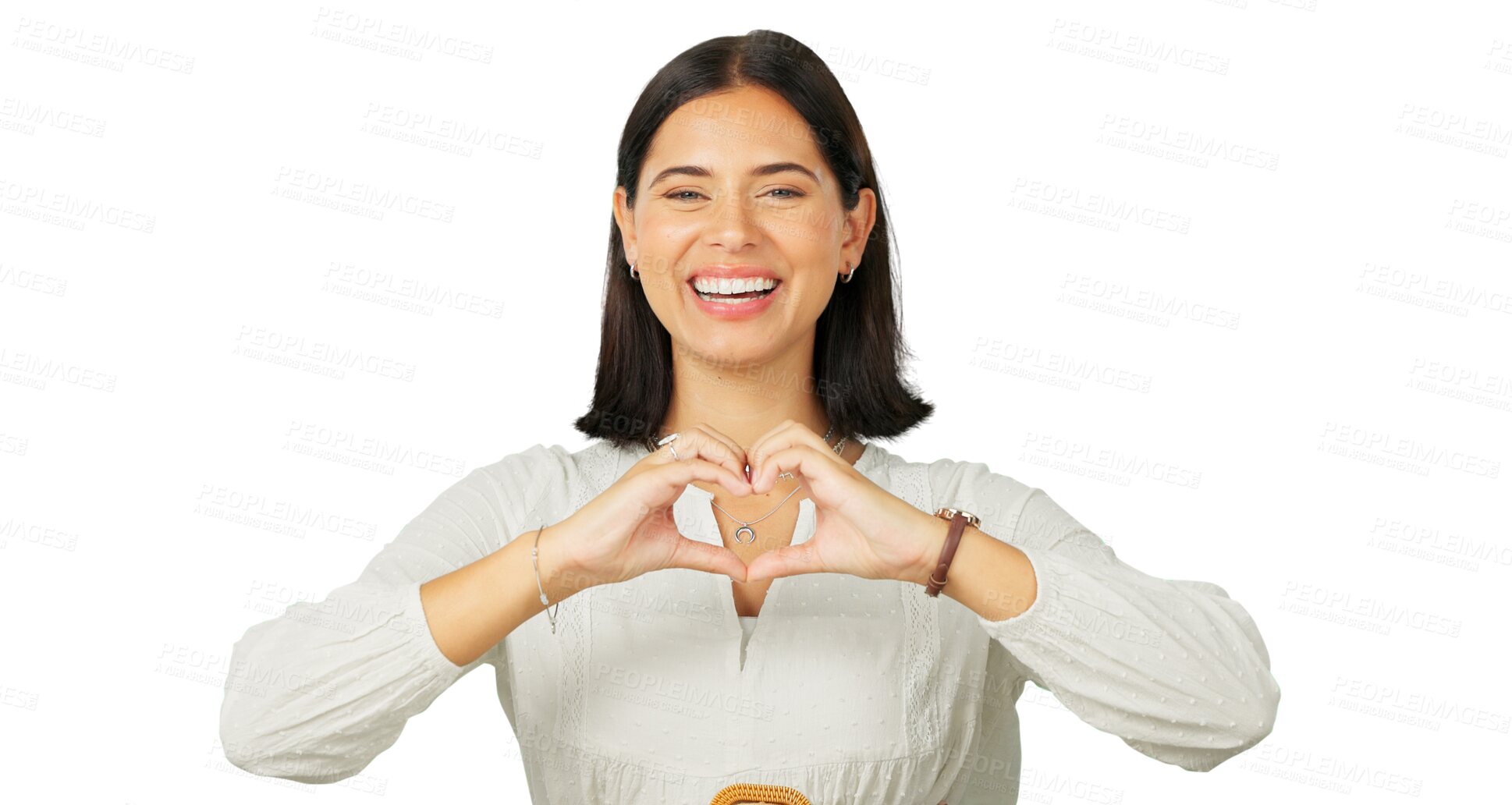 Buy stock photo Love, heart hands and happy portrait of a woman review or feedback for support. Face of a young person and show icon emoji for charity, kindness and peace isolated on a transparent, png background
