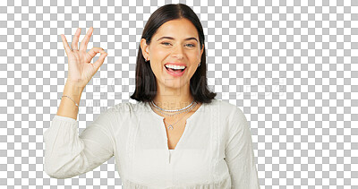 Buy stock photo Okay, perfect and portrait of a woman with a hand sign for review or feedback for support. Happy young person and ok emoji for success, yes and agreement isolated on a transparent, png background