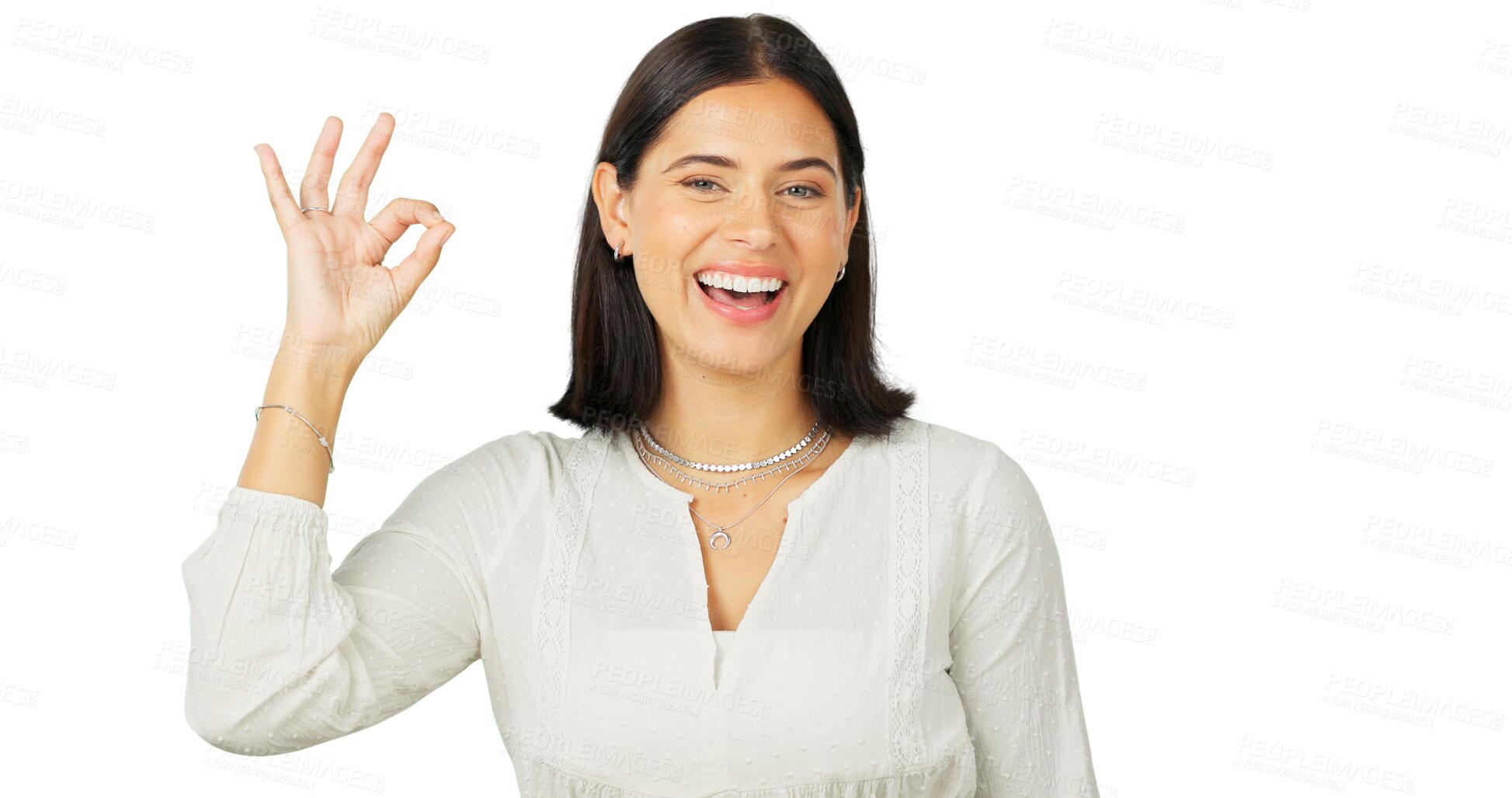 Buy stock photo Okay, perfect and portrait of a woman with a hand sign for review or feedback for support. Happy young person and ok emoji for success, yes and agreement isolated on a transparent, png background