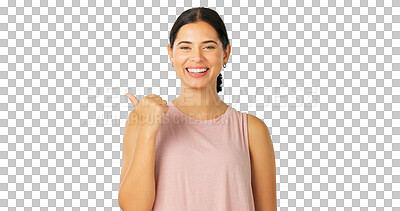 Buy stock photo Portrait, pointing and marketing with a brand ambassador woman isolated on a transparent background. Smile, contact and information with a happy young female person on PNG for product promotion