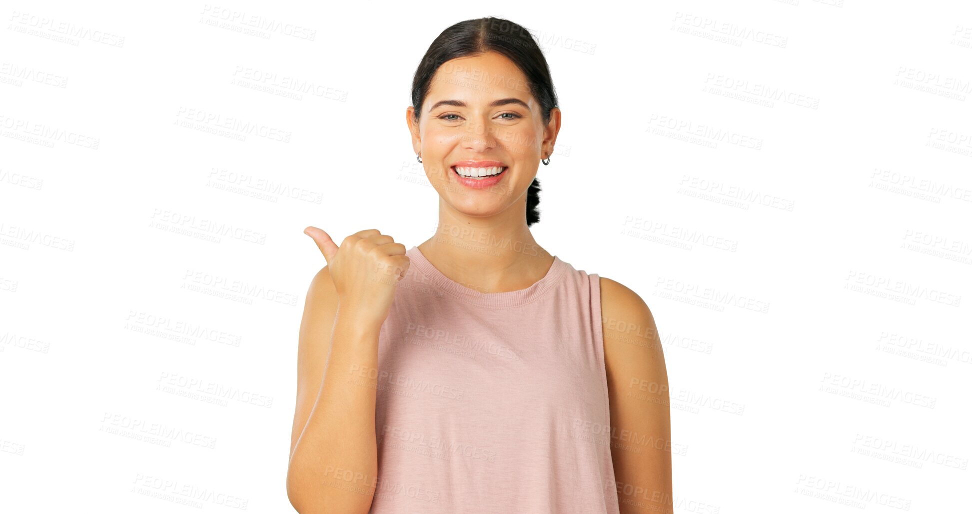 Buy stock photo Portrait, pointing and marketing with a brand ambassador woman isolated on a transparent background. Smile, contact and information with a happy young female person on PNG for product promotion