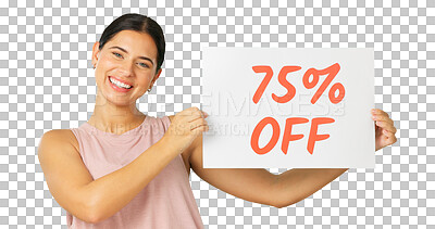 Buy stock photo Sales poster, workout portrait or happy woman advertising retail discount, promotion sign or gym presentation. Membership ads, exercise person or sports club ambassador on transparent, png background