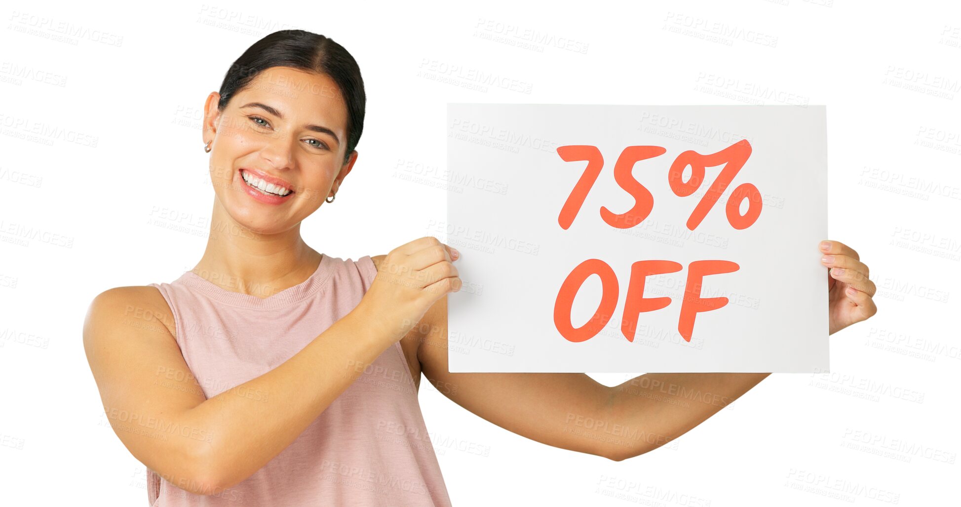 Buy stock photo Sales poster, workout portrait or happy woman advertising retail discount, promotion sign or gym presentation. Membership ads, exercise person or sports club ambassador on transparent, png background