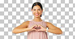 Heart, hands and face of happy woman on green screen for fitness, wellness or healthy life. Female portrait, sports model and finger shape of love, support and motivation for care, emoji sign or icon