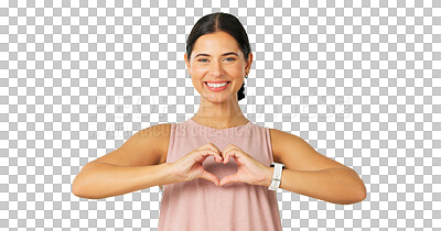 Buy stock photo Happy woman, portrait and heart hands in fitness for healthy wellness isolated on a transparent PNG background. Female person with love emoji, care or sign and symbol icon for support or motivation