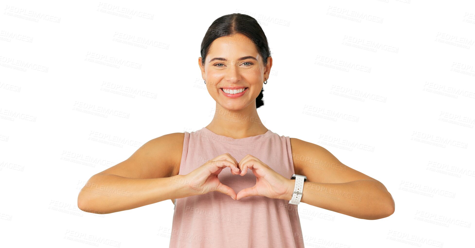 Buy stock photo Happy woman, portrait and heart hands in fitness for healthy wellness isolated on a transparent PNG background. Female person with love emoji, care or sign and symbol icon for support or motivation