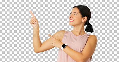 Buy stock photo Pointing, fitness and woman with exercise, opportunity and model isolated on a transparent background. Female person, athlete and hand gesture with happiness, png and decision with an announcement