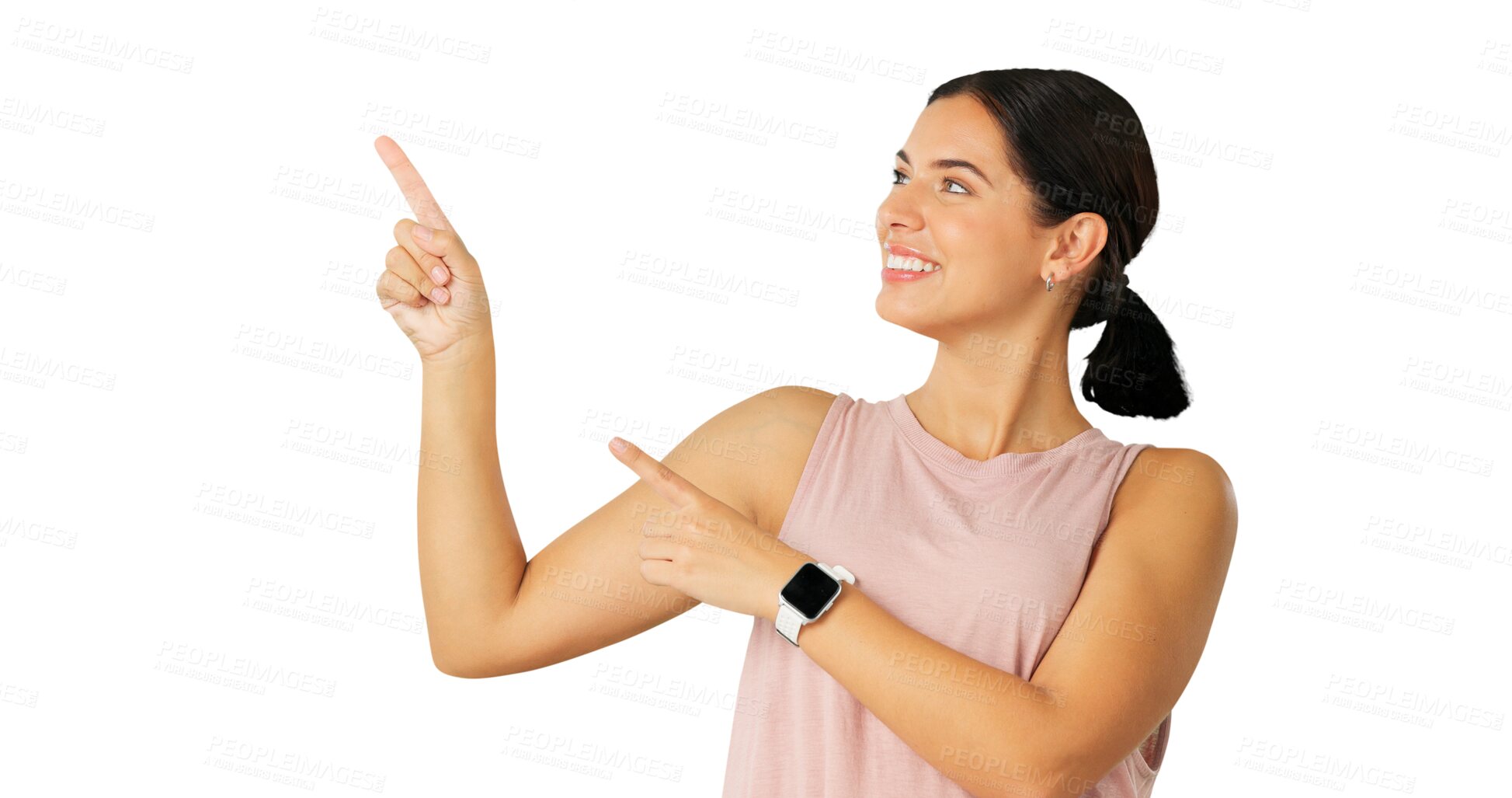 Buy stock photo Pointing, fitness and woman with exercise, opportunity and model isolated on a transparent background. Female person, athlete and hand gesture with happiness, png and decision with an announcement