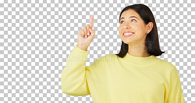 Buy stock photo Woman, pointing up and advertising presentation, advice and isolated on a transparent png background. Happy model show promotion of deal, sales announcement and review choice, ideas and information 