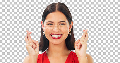 Buy stock photo Face of woman, smile and portrait with fingers crossed for hope, success and luck isolated on a transparent png background. Happy model, emoji and wish for bonus, winning results or competition prize