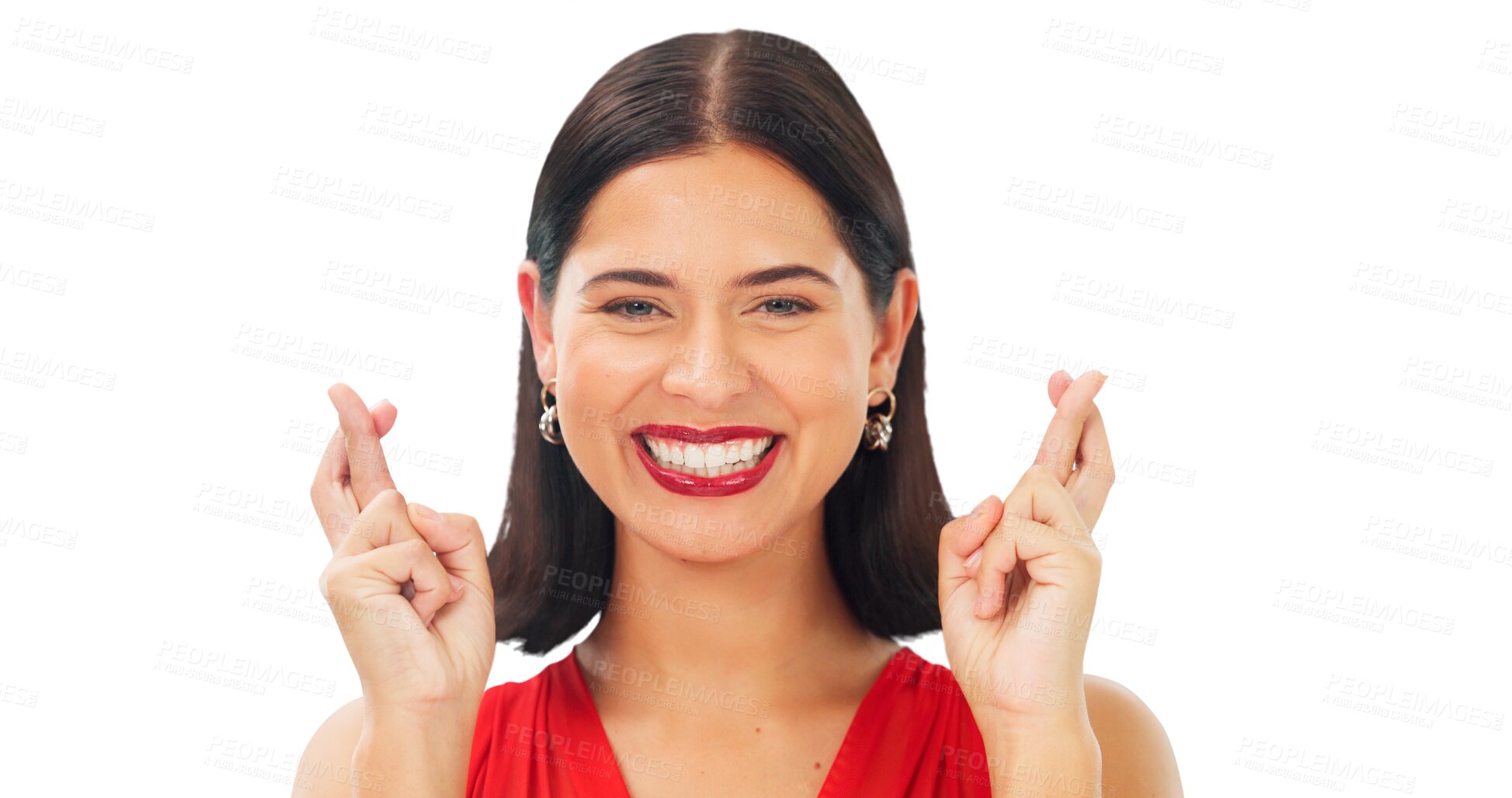 Buy stock photo Face of woman, smile and portrait with fingers crossed for hope, success and luck isolated on a transparent png background. Happy model, emoji and wish for bonus, winning results or competition prize