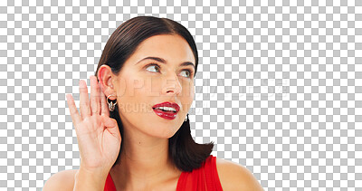 Ear, hear and a woman listening to gossip, rumor or announcement about sale or promotion. Face of a young female model person isolated on a transparent, png background for secret, whisper or news