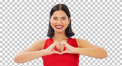 Buy stock photo Portrait, woman and smile with hands in heart for love, kindness and charity donation isolated on a transparent png background. Face of model, finger shape and thank you for emoji, care and hope icon