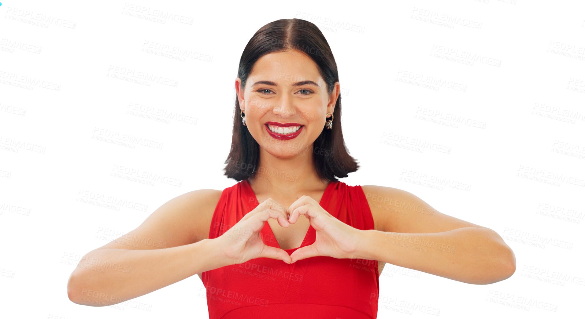 Buy stock photo Portrait, woman and smile with hands in heart for love, kindness and charity donation isolated on a transparent png background. Face of model, finger shape and thank you for emoji, care and hope icon