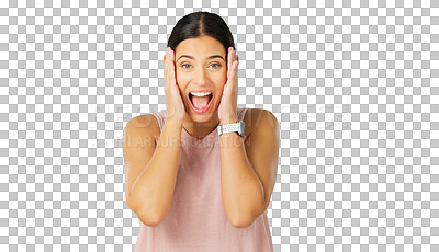 Buy stock photo Portrait, wow and woman with shock, announcement and model isolated on a transparent background. Female person, omg and girl with expression, opportunity and emoji with png, good news and excited