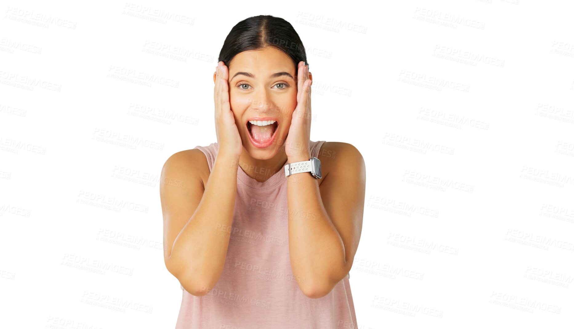 Buy stock photo Portrait, wow and woman with shock, announcement and model isolated on a transparent background. Female person, omg and girl with expression, opportunity and emoji with png, good news and excited