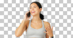 Phone call, smile and excited with a woman on a green screen background in studio for communication. Mobile, contact and conversation with an attractive young female chatting against chromakey mockup