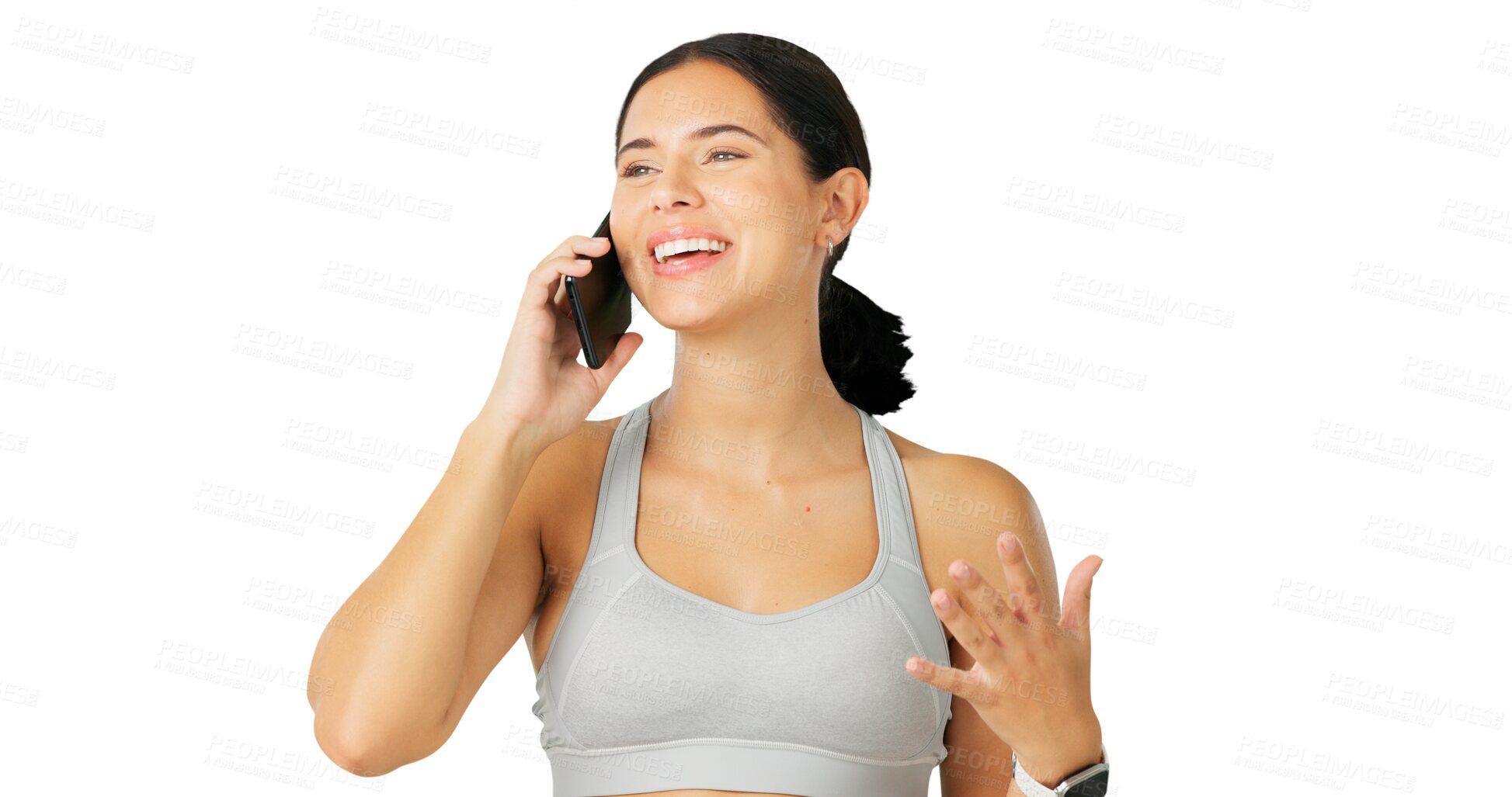 Buy stock photo Happy woman, phone call and conversation in fitness or communication isolated on a transparent PNG background. Excited female person smile and talking on mobile smartphone for sports discussion