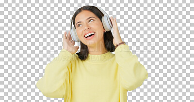 Buy stock photo Excited, listening and woman with headphones for music isolated on a transparent png background. Media, happy and person streaming radio, podcast and hearing audio, jazz sound and dancing for freedom