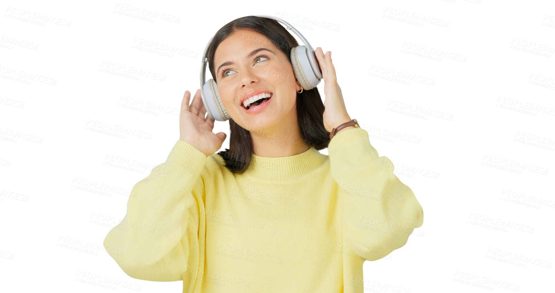 Buy stock photo Excited, listening and woman with headphones for music isolated on a transparent png background. Media, happy and person streaming radio, podcast and hearing audio, jazz sound and dancing for freedom