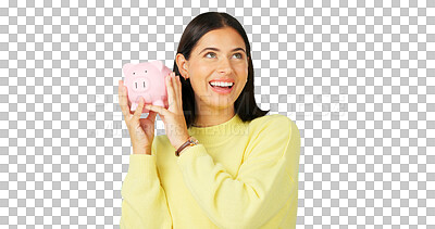 Buy stock photo Happy woman, money and savings with piggy bank for investment, budget or finance isolated on a transparent PNG background. Excited female person with piggybank for coin, profit or financial investing