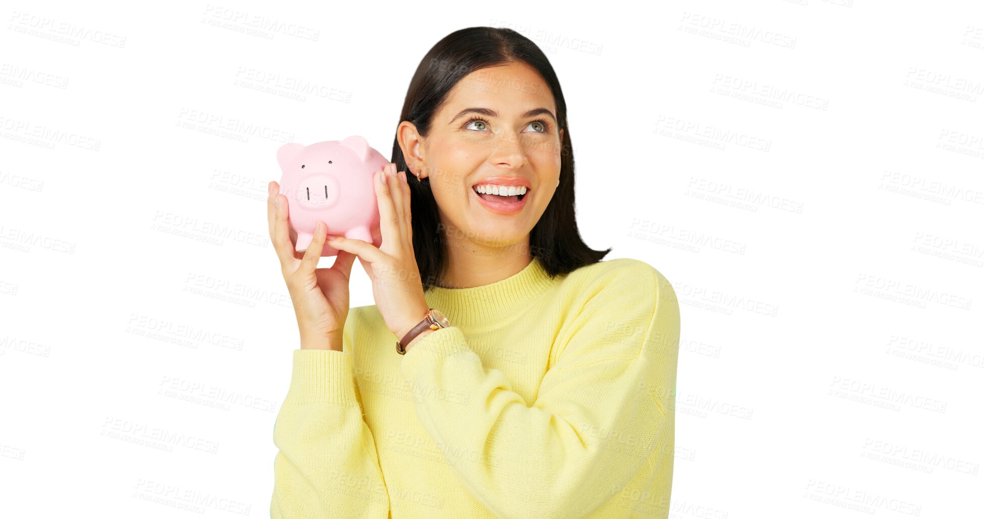 Buy stock photo Happy woman, money and savings with piggy bank for investment, budget or finance isolated on a transparent PNG background. Excited female person with piggybank for coin, profit or financial investing