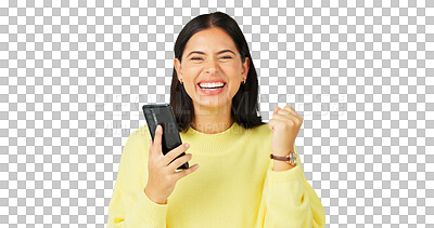 Buy stock photo Portrait, phone and woman celebrate success for announcement, notification and bonus news isolated on transparent png background. Happy model, smartphone and fist for winning lotto, deal or promotion