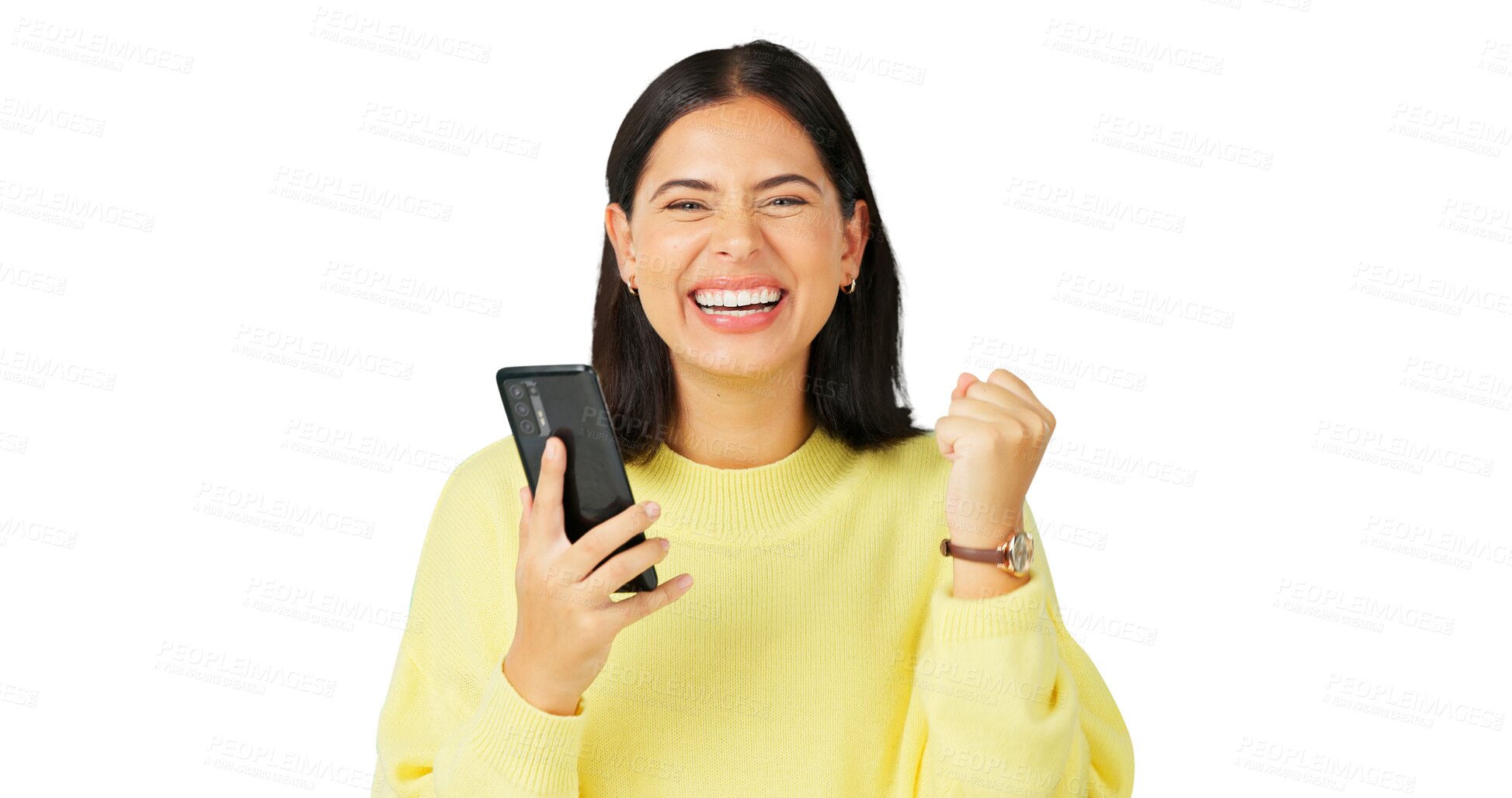 Buy stock photo Portrait, phone and woman celebrate success for announcement, notification and bonus news isolated on transparent png background. Happy model, smartphone and fist for winning lotto, deal or promotion