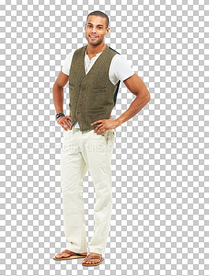 Buy stock photo Fashion, happy and portrait of man with confidence isolated on a transparent png background. Style, smile and person with hands on hips in classy clothes, aesthetic and trendy in waistcoat in Mexico