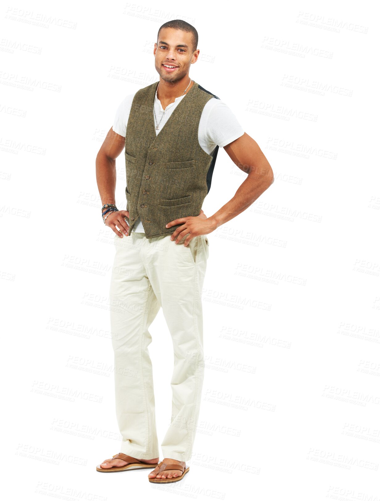 Buy stock photo Fashion, happy and portrait of man with confidence isolated on a transparent png background. Style, smile and person with hands on hips in classy clothes, aesthetic and trendy in waistcoat in Mexico