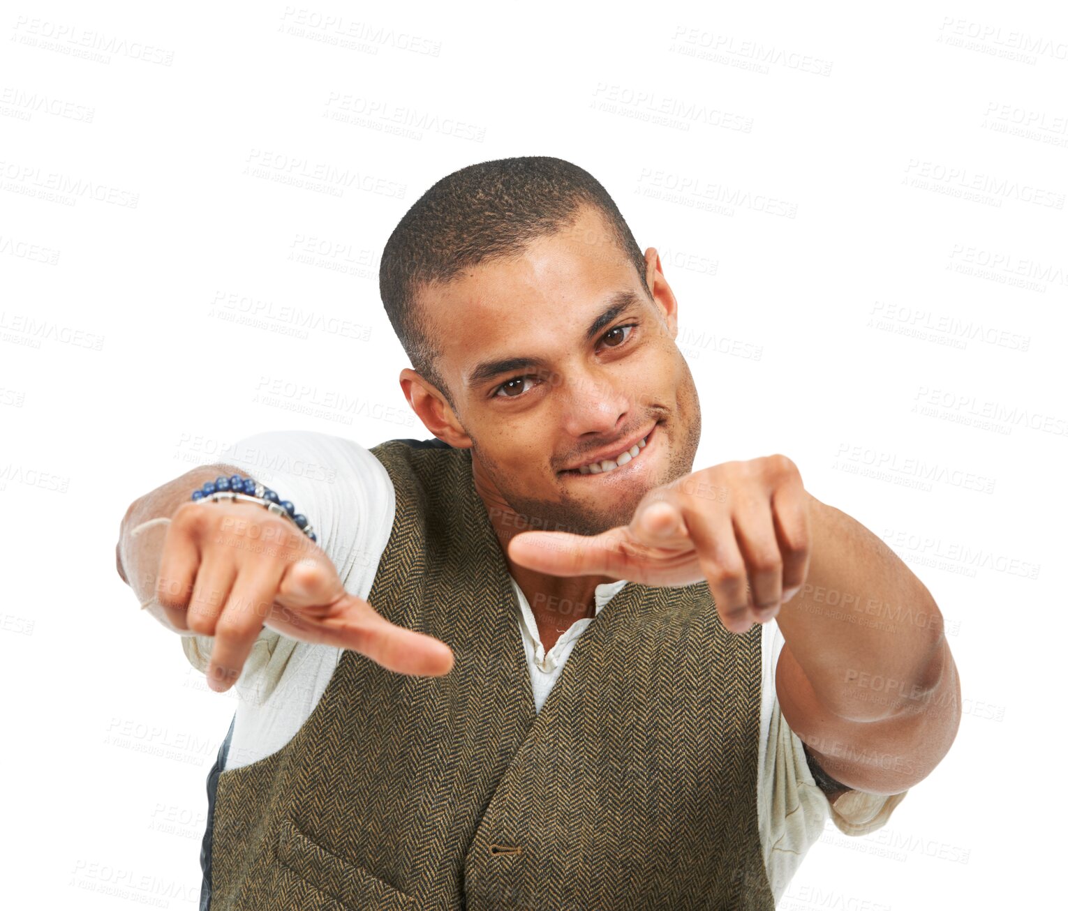 Buy stock photo Man, hands and portrait pointing to you for invitation, recruitment or friendly gesture on transparent, isolated or png background. Happy, guy and gen z or cool, fashion and playful sign with fingers