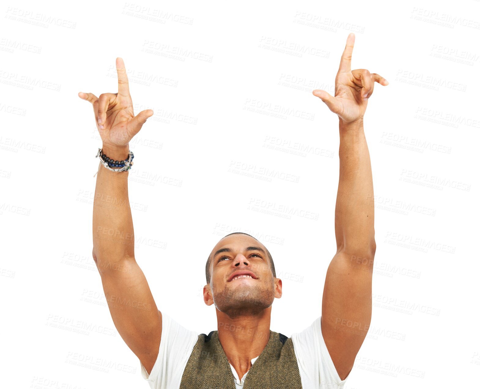 Buy stock photo Man, pointing up and celebration with victory, winning and model isolated on a transparent background. Male person, arms raised or winner with hand gesture, success or rocker with sign, symbol or png