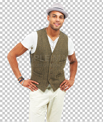 Buy stock photo Fashion hat, portrait and happy man with confidence isolated on a transparent png background. Fedora style, smile and young person with waistcoat, aesthetic and trendy in classy clothes in Mexico