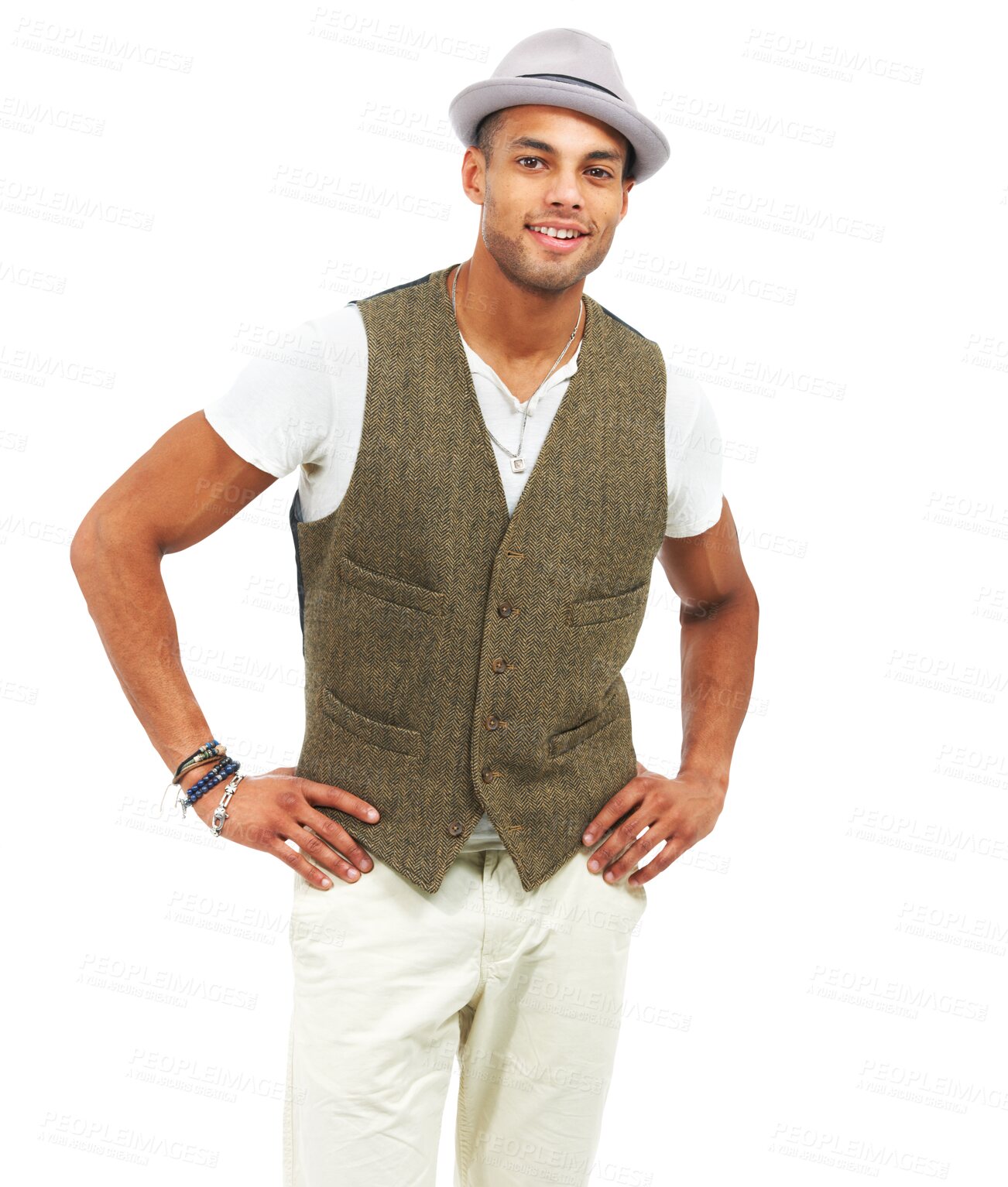 Buy stock photo Fashion hat, portrait and happy man with confidence isolated on a transparent png background. Fedora style, smile and young person with waistcoat, aesthetic and trendy in classy clothes in Mexico