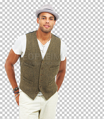 Buy stock photo Fashion hat, portrait and confidence of man isolated on a transparent png background. Fedora style, serious and person in waistcoat, aesthetic designer and trendy in classy clothes from Mexico