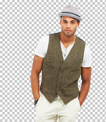 Buy stock photo Fashion hat, serious portrait and man isolated on a transparent png background. Fedora style, confidence and person with hands in pocket, aesthetic designer and trendy in classy clothes from Mexico