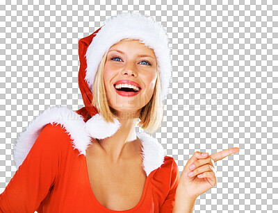 Buy stock photo Pointing, Christmas and woman with a smile, portrait and celebration isolated on a transparent background. Face, female person and girl with gesture, discount announcement and santa hat with png 