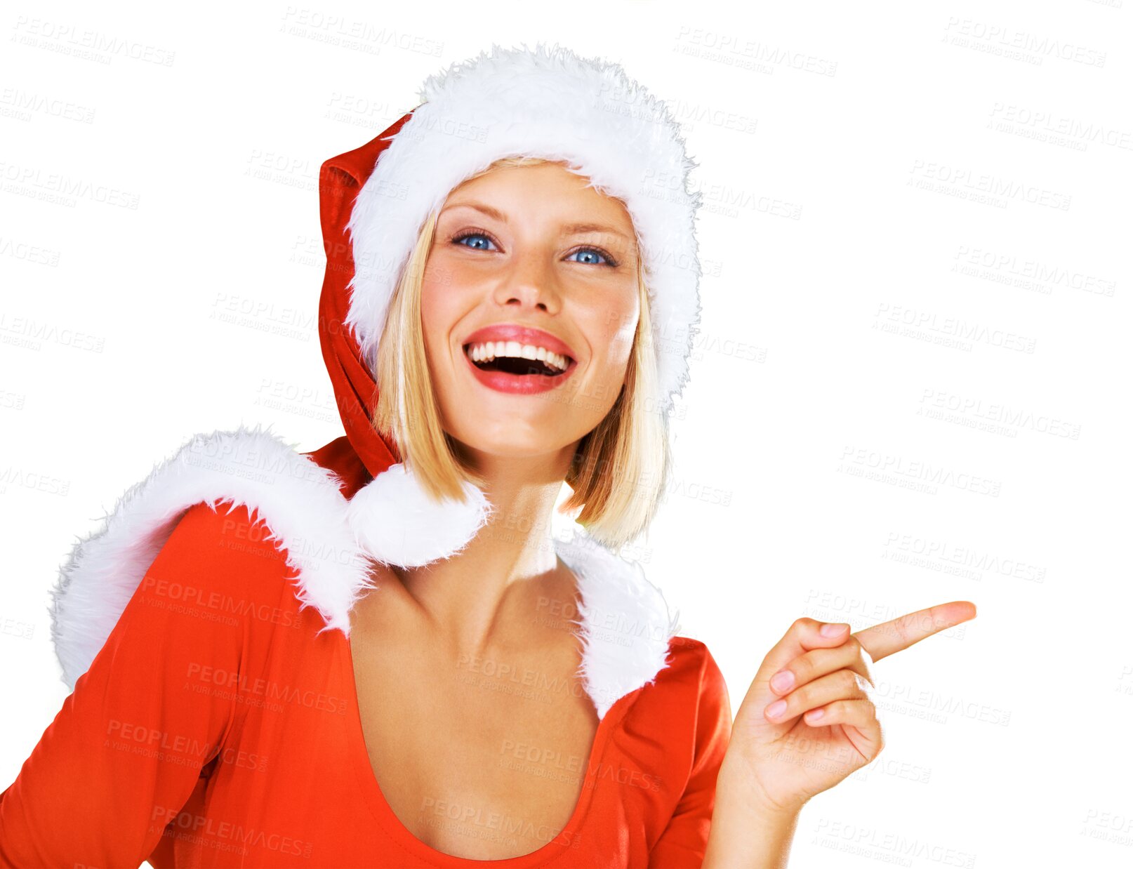 Buy stock photo Pointing, Christmas and woman with a smile, portrait and celebration isolated on a transparent background. Face, female person and girl with gesture, discount announcement and santa hat with png 