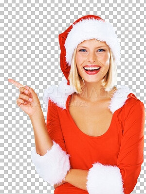 Buy stock photo Portrait, smile and a woman Santa Claus pointing isolated on a transparent background for festive promotion. Happy, information and Christmas is coming soon with a young female in costume on PNG