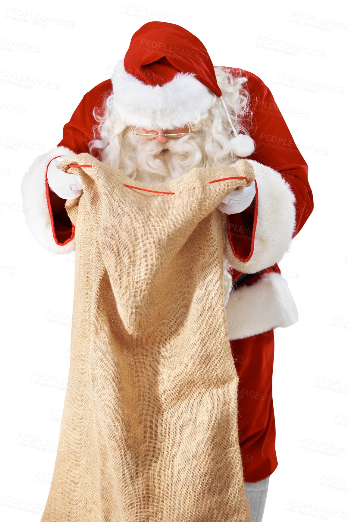 Buy stock photo Santa, man and bag or search for holiday gift, shopping surprise or e commerce delivery in red costume. Father Christmas sack for giveaway, competition or prize isolated on transparent png background