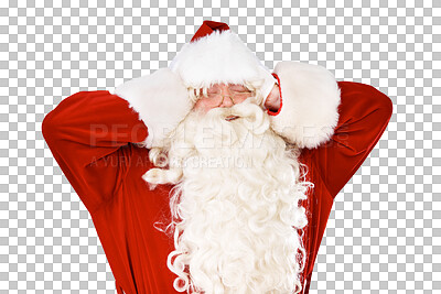 Buy stock photo Christmas, headache and santa claus covering his ears isolated on transparent background. Stress, frustration and a man in costume for a festive event on PNG in winter or the december holiday season