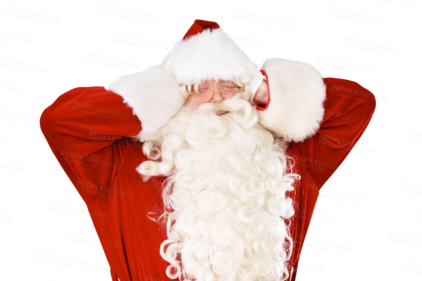 Buy stock photo Christmas, headache and santa claus covering his ears isolated on transparent background. Stress, frustration and a man in costume for a festive event on PNG in winter or the december holiday season