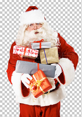 Buy stock photo Santa, senior man and gift, holiday present or e commerce delivery in red costume and retail stock. Father Christmas and boxes in giveaway, competition or prize isolated on transparent png background