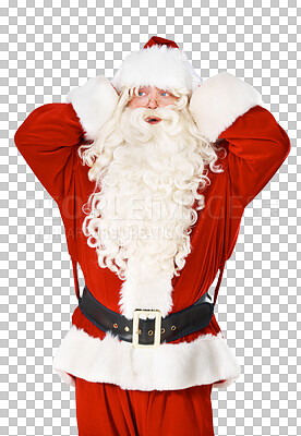 Buy stock photo Wow, Christmas and surprise with a Santa Claus man isolated on a transparent background. Winter, holiday and mind blown with shocked person in red costume clothes on a PNG for a discount sales deal