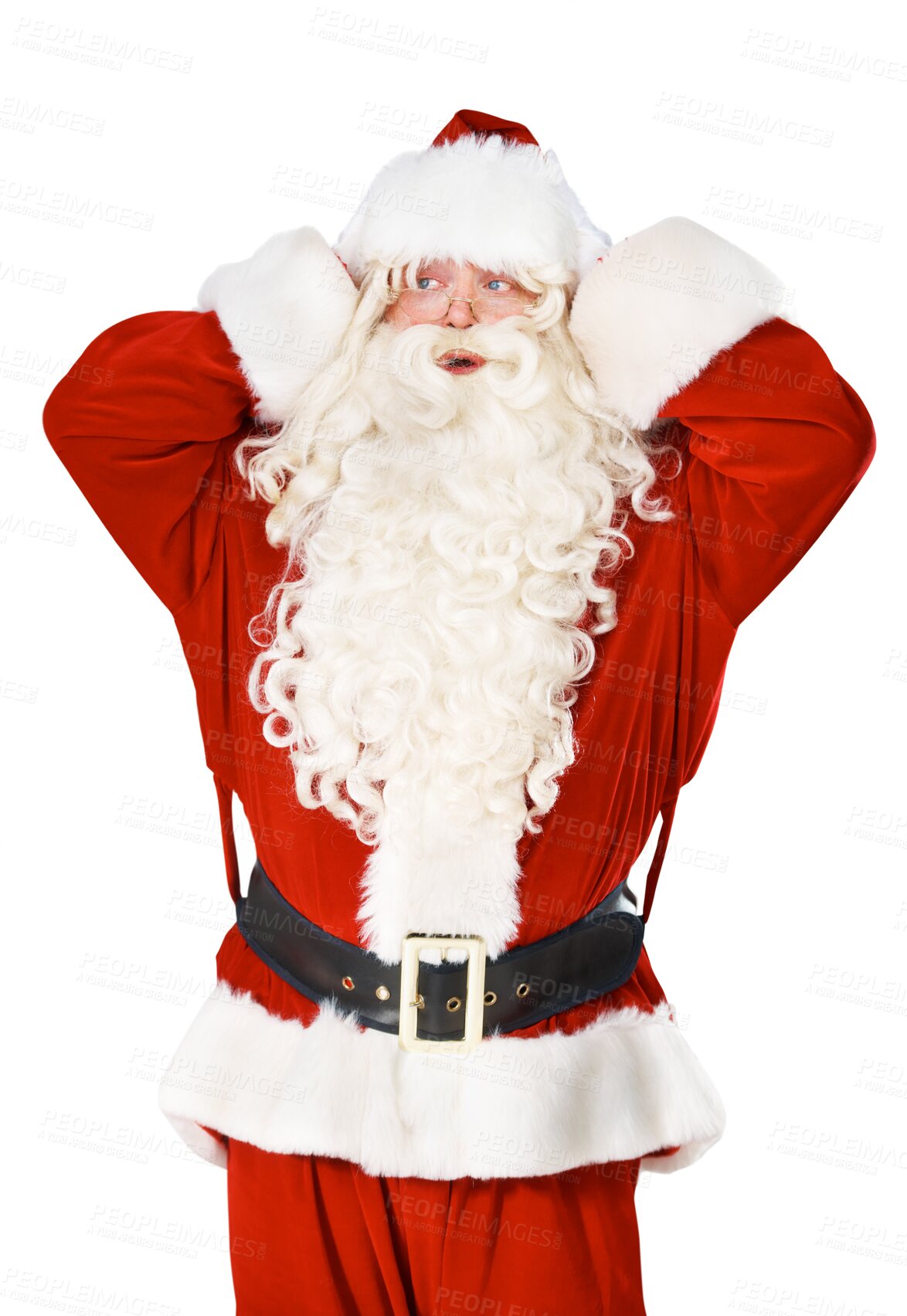 Buy stock photo Wow, Christmas and surprise with a Santa Claus man isolated on a transparent background. Winter, holiday and mind blown with shocked person in red costume clothes on a PNG for a discount sales deal